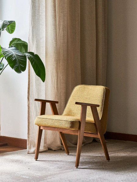 366 Concept Armchair in solid oak and Mustard Boucle Fabric