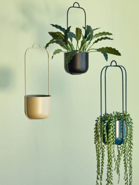 Hübsch set of 2 Lotus hanging planters in petrol blue metal.