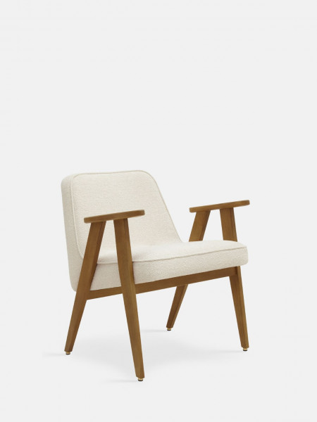 Fauteuil 366 Concept en chêne massif et tissu bouclette creme