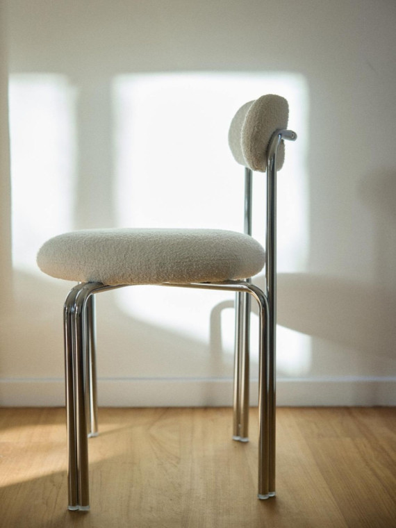 Gabrielle Paris Violette dining chair in chrome-plated steel and bouclé fabric