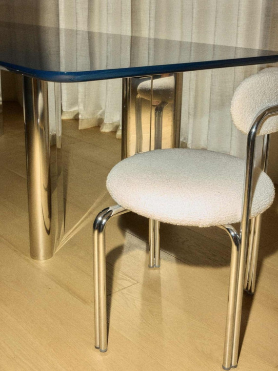 Gabrielle Paris Violette dining chair in chrome-plated steel and bouclé fabric