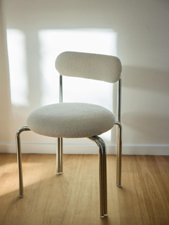Gabrielle Paris Violette dining chair in chrome-plated steel and bouclé fabric