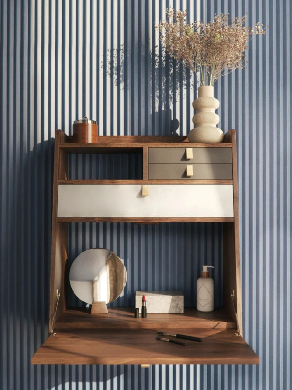 Hartô Secrétaire mural Gaston 60 cm en noyer avec tiroir gris ardoise gris clair