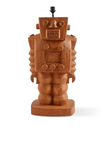 Pols Potten Robot cognac wood lamp base · three-quarter view