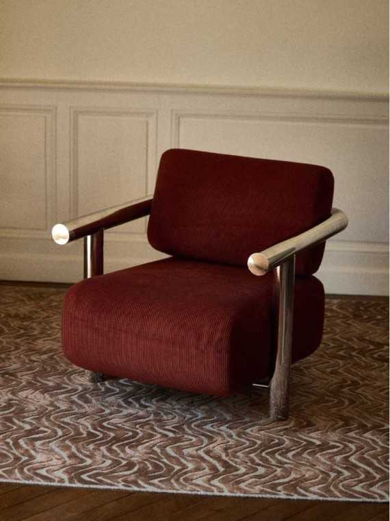 Gabrielle Paris fauteuil Claude 70 inox poli velours jaspe · vue de trois quarts