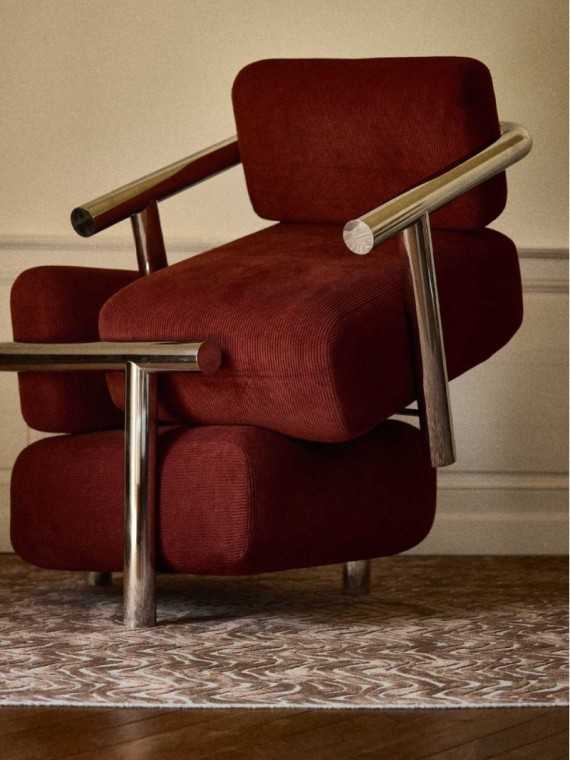 Gabrielle Paris fauteuil Claude 70 inox poli velours jaspe · vue de trois quarts