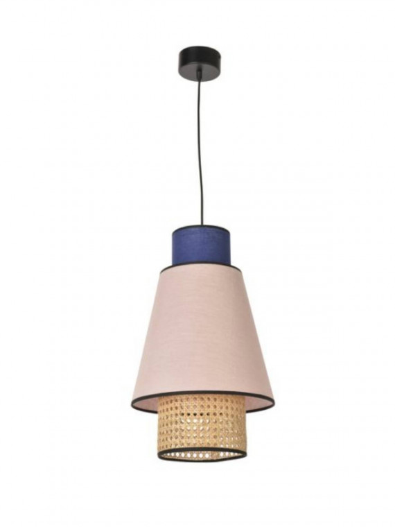 Pendant lamp in washed linen and pink and indigo blue cane, Singapore S Market set