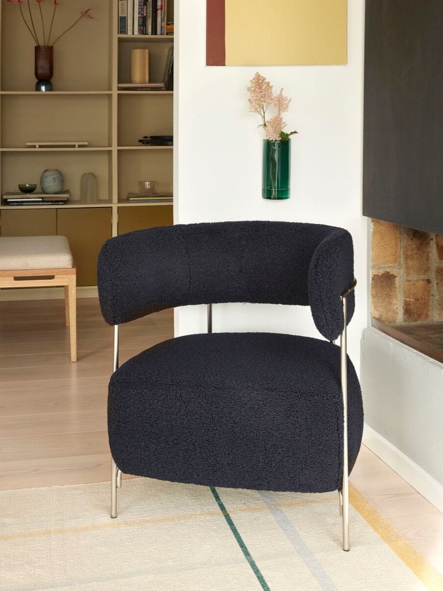 Armchair in metal and blue bouclette fabric, Solveig