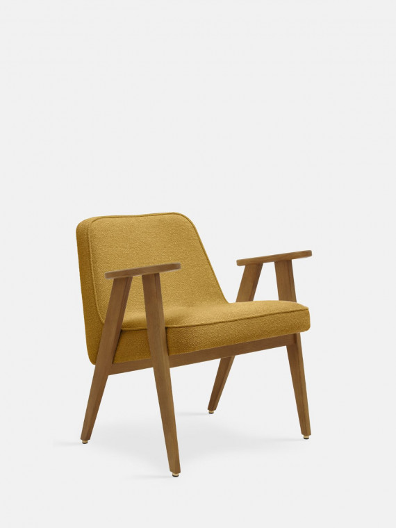 366 Concept Armchair in solid oak and Mustard Boucle Fabric