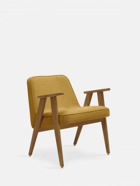 366 Concept Armchair in solid oak and Mustard Boucle Fabric