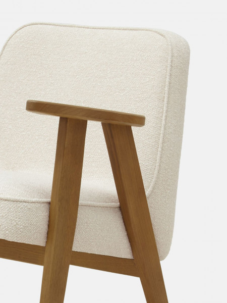 366 Concept Armchair in solid oak and Creme Boucle Fabric