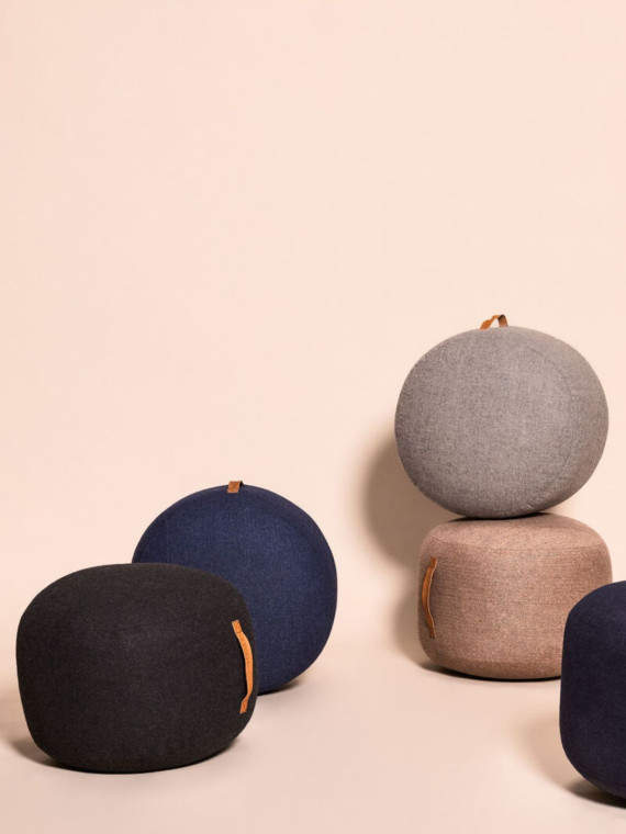 Hubsch Mochi wool pouffe with leather strap Ø50 cm