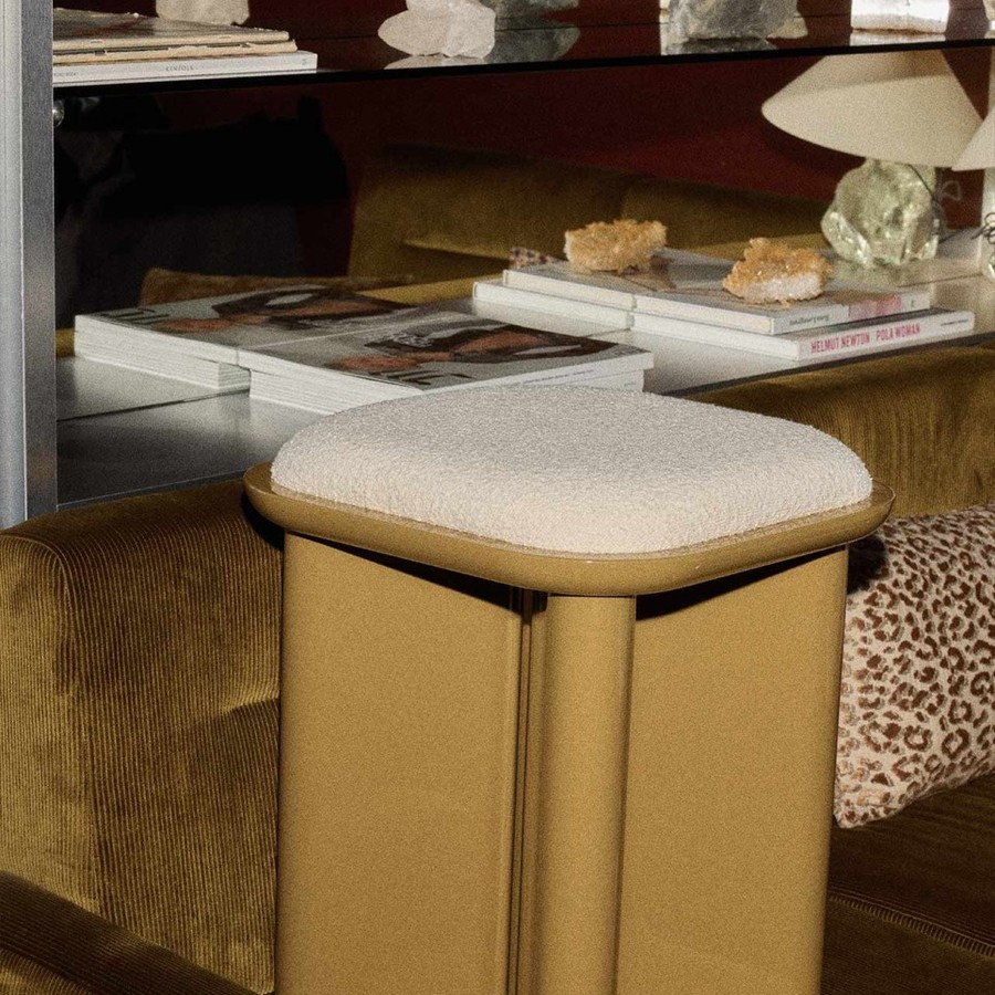 Gabrielle Paris Lazare pouffe lacquered wood amber three-quarter view